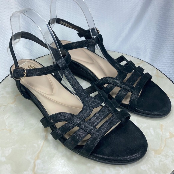 Sofft Shoes - Sofft Shimmer Leather Strappy Wedge Sandals Women 11 Black Summer Comfort Boho